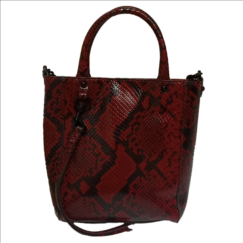 🆕 REBECCA MINKOFF "RED APPLE" SNAKE SKIN EMBOSSED LEATHER CROSSBODY CHAIN TOTE - Picture 2 of 12